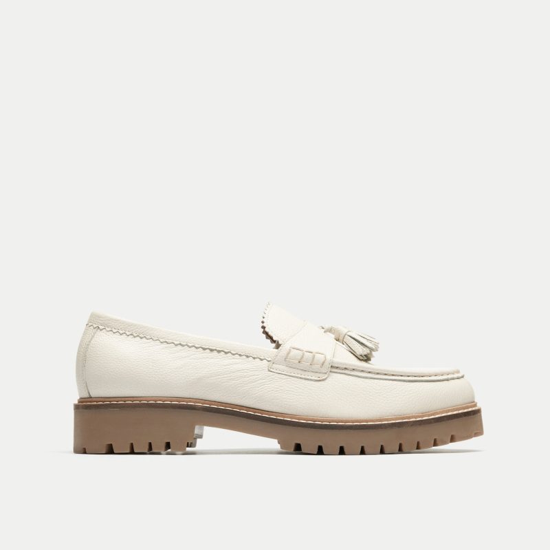 Walk London Mens Sean Tassel Loafer in Off White Grain Leather