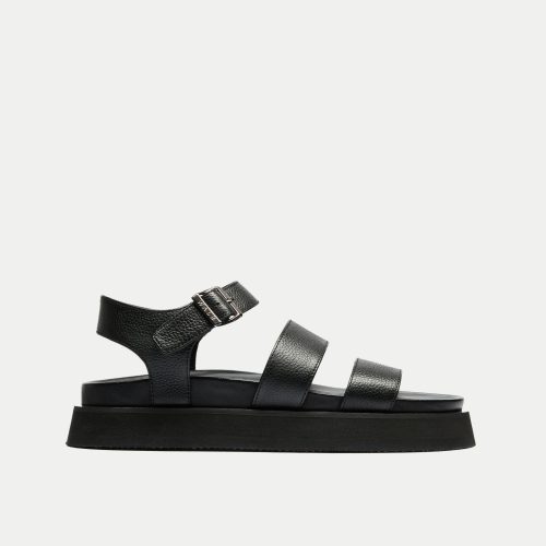 Walk London Womens Barca Strap Footbed Sandal in Black Leather