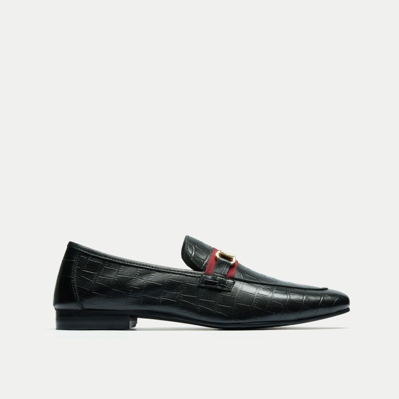 Walk London Mens Embossed Trim Loafer in Black Leather