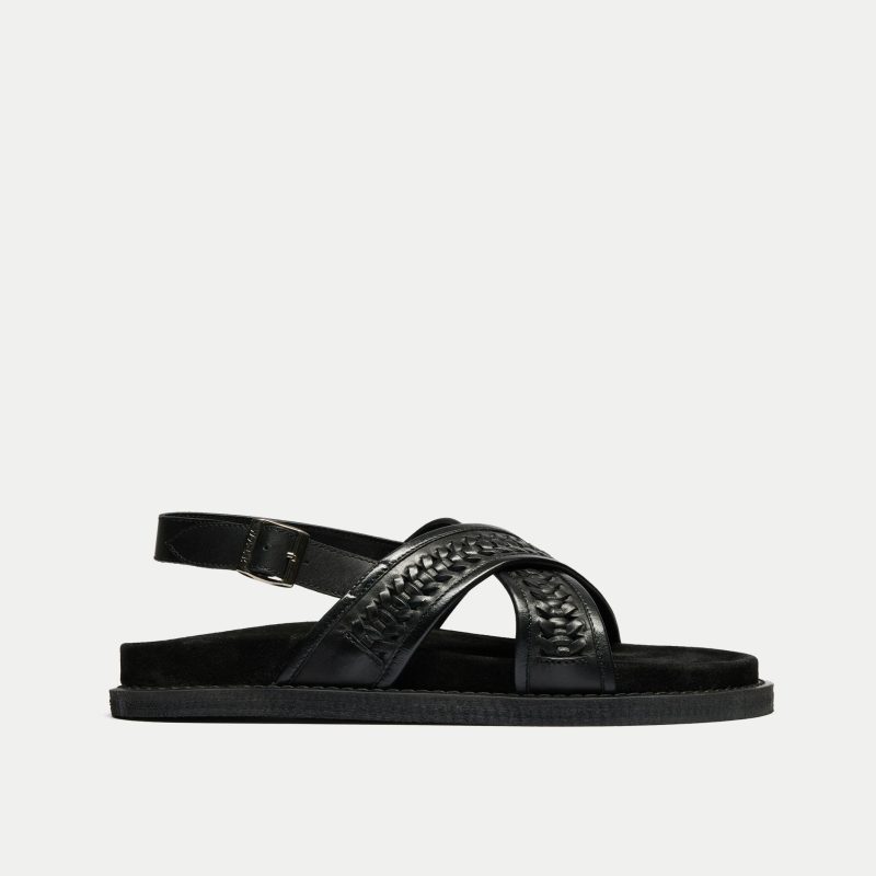 Walk London Mens Shore Weave Backstrap Sandal in Black Leather